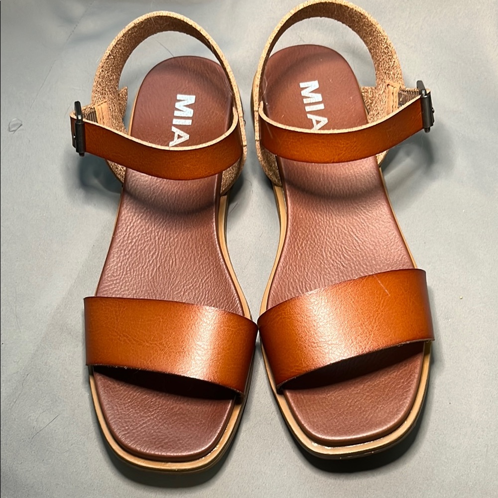 MIA Vegan Leather Tan Ankle Strap Flat Sandals